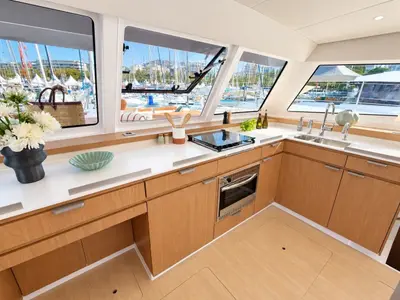Galley of El Lucky, a Bali Catspace catamaran at Lefkada, Greece