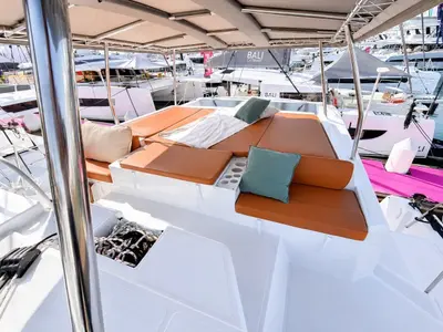 Deck of El Lucky, a Bali Catspace catamaran at Lefkada, Greece