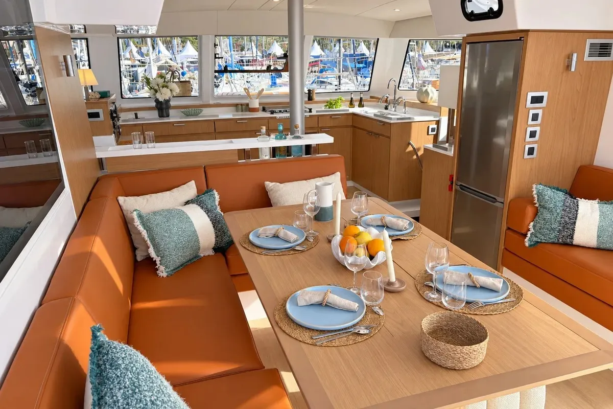 Salon of El Lucky, a Bali Catspace catamaran at Lefkada, Greece