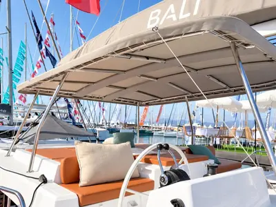 Cockpit of El Lucky, a Bali Catspace catamaran at Lefkada, Greece