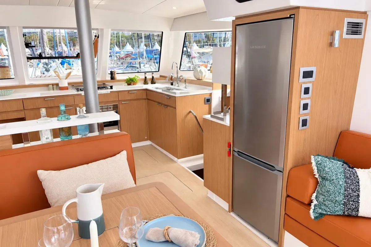 Salon of El Lucky, a Bali Catspace catamaran at Lefkada, Greece
