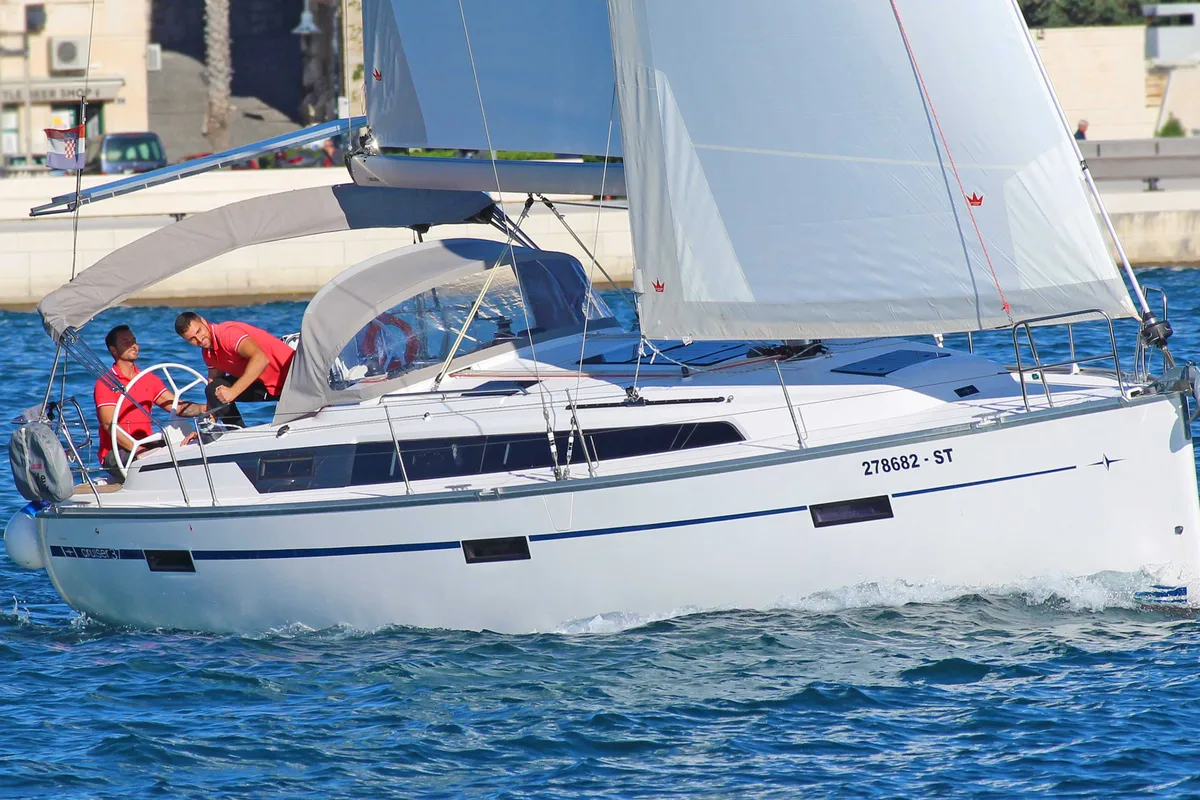 Exterior view of Evala, a Bavaria Cruiser 37 sailboat at Split, Croatia