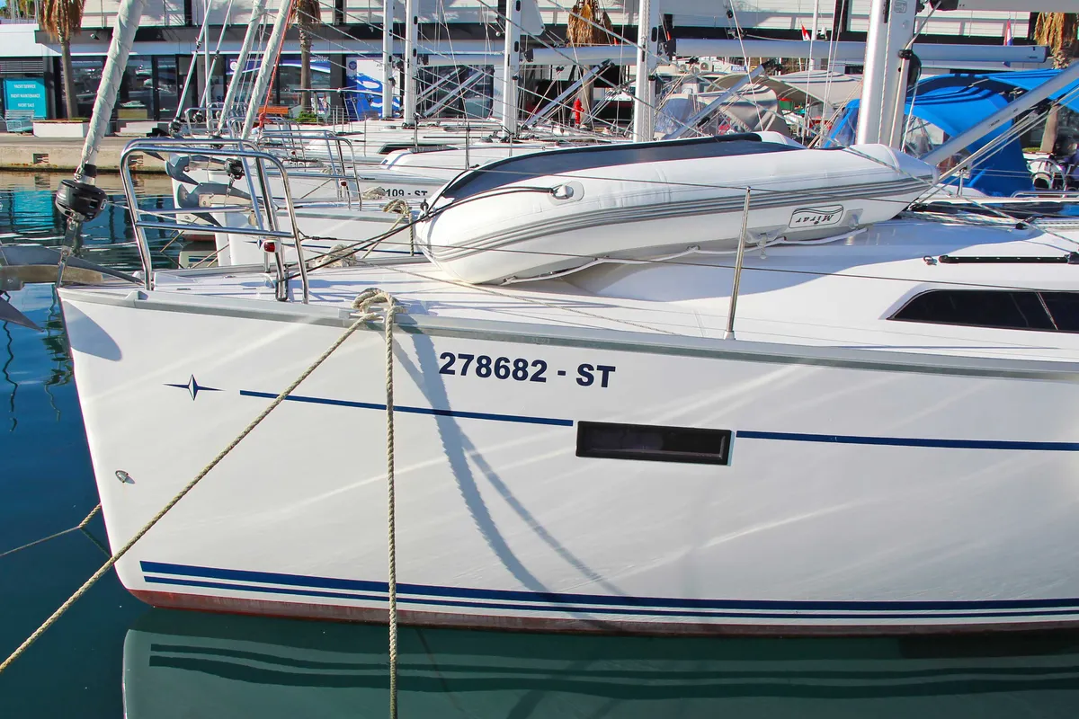 Exterior view of Evala, a Bavaria Cruiser 37 sailboat at Split, Croatia