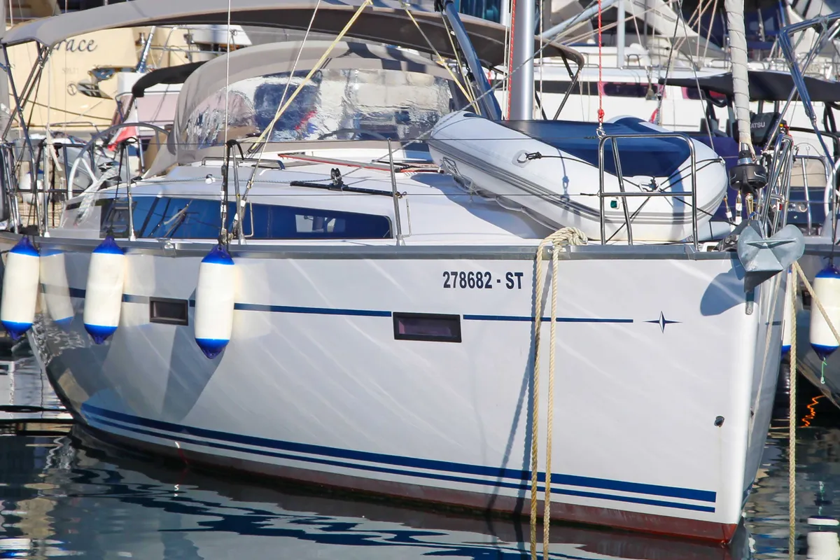 Exterior view of Evala, a Bavaria Cruiser 37 sailboat at Split, Croatia