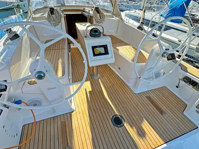 Cockpit of Evala, a Bavaria Cruiser 37 sailboat at Split, Croatia