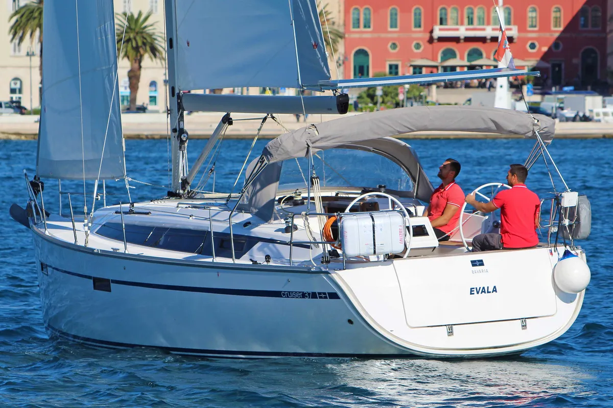 Exterior view of Evala, a Bavaria Cruiser 37 sailboat at Split, Croatia