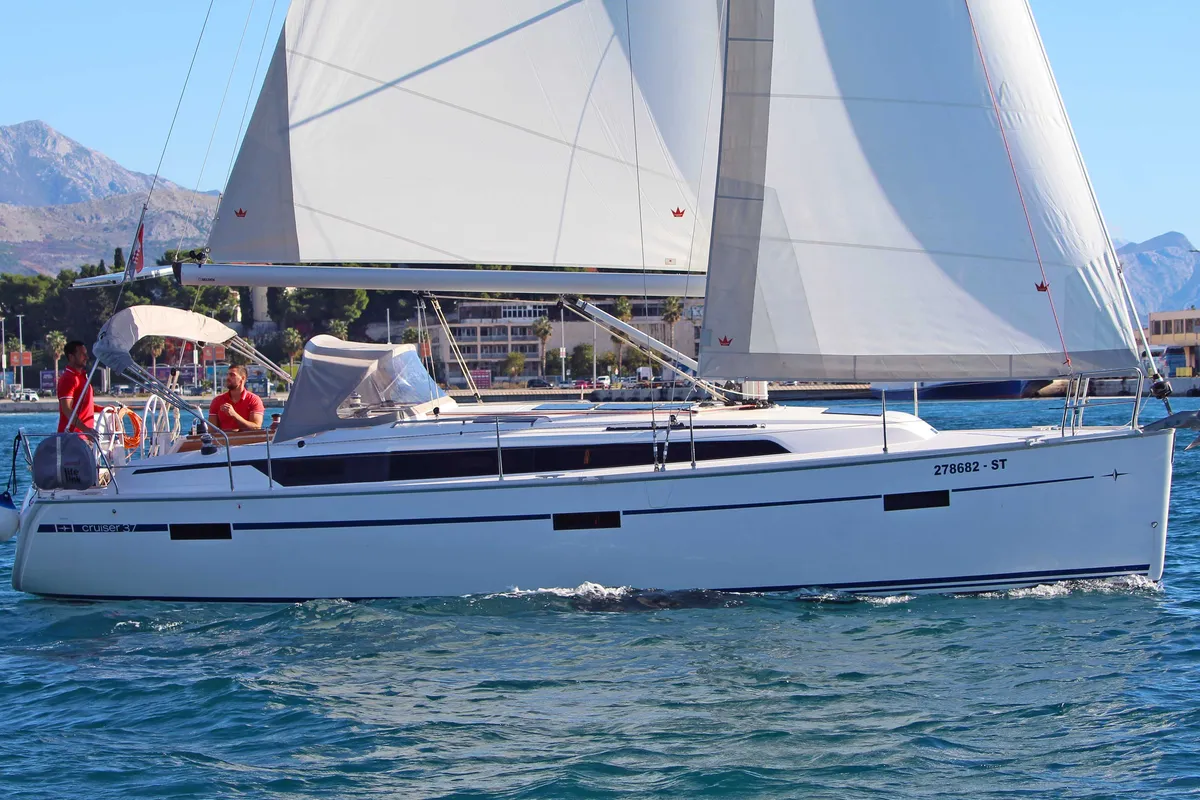 Exterior view of Evala, a Bavaria Cruiser 37 sailboat at Split, Croatia