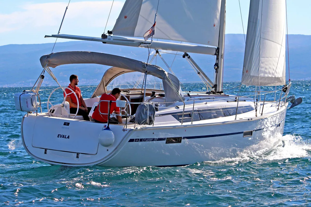 Exterior view of Evala, a Bavaria Cruiser 37 sailboat at Split, Croatia