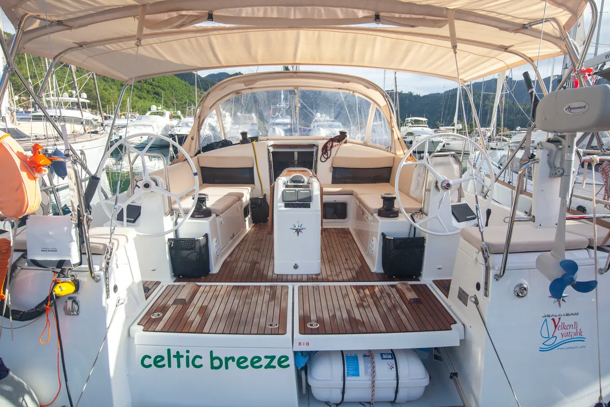 Deck of Celtic Breeze, a Jeanneau Sun Odyssey 440 sailboat at Marmaris, Turkey
