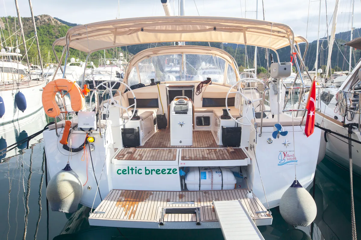 Exterior view of Celtic Breeze, a Jeanneau Sun Odyssey 440 sailboat at Marmaris, Turkey