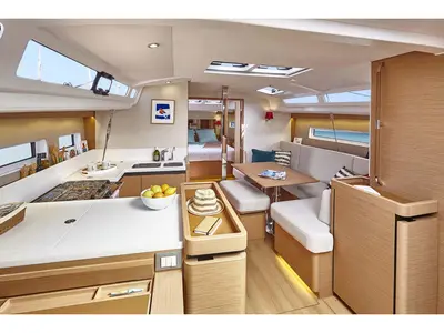 Salon of Celtic Breeze, a Jeanneau Sun Odyssey 440 sailboat at Marmaris, Turkey