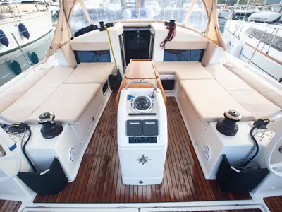 Cockpit of Celtic Breeze, a Jeanneau Sun Odyssey 440 sailboat at Marmaris, Turkey