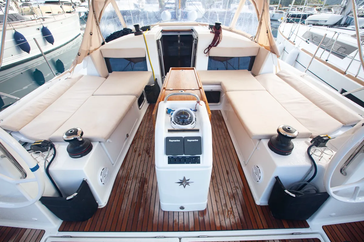 Cockpit of Celtic Breeze, a Jeanneau Sun Odyssey 440 sailboat at Marmaris, Turkey