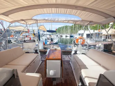 Deck of Celtic Breeze, a Jeanneau Sun Odyssey 440 sailboat at Marmaris, Turkey