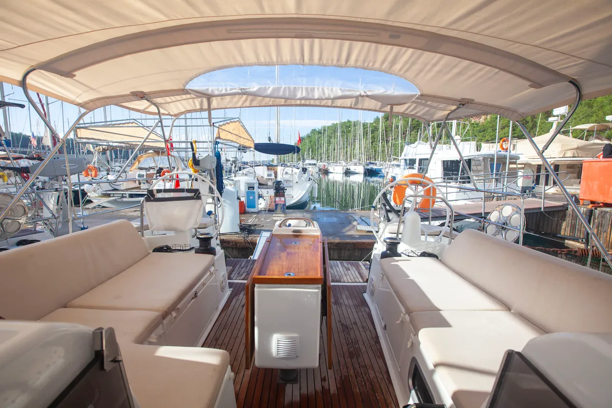 Deck of Celtic Breeze, a Jeanneau Sun Odyssey 440 sailboat at Marmaris, Turkey