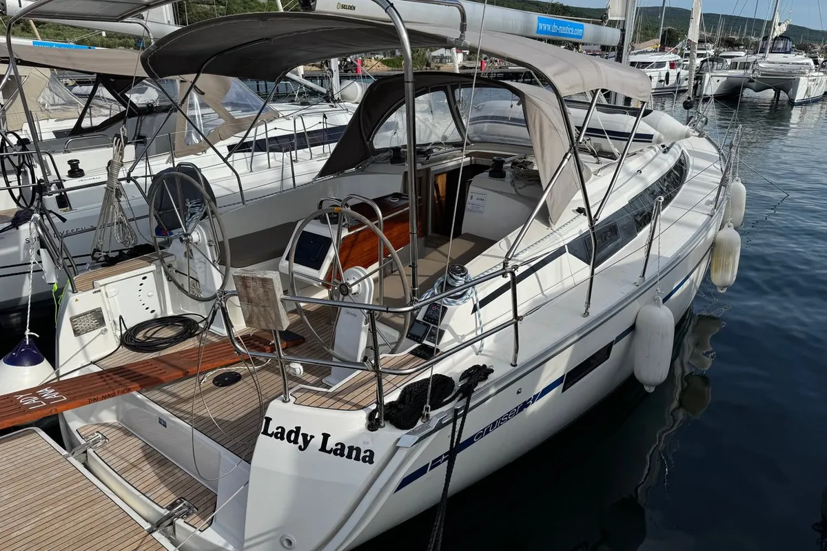 Exterior view of Lady Lana, a Bavaria Cruiser 37 sailboat at Punat, Croatia