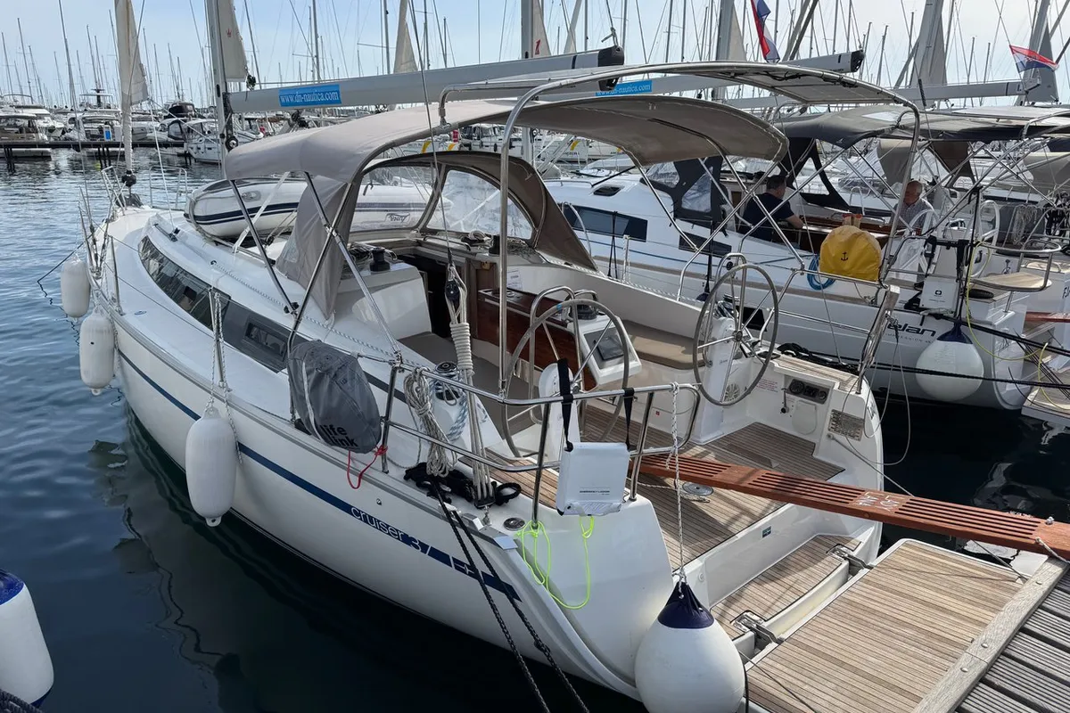 Exterior view of Lady Lana, a Bavaria Cruiser 37 sailboat at Punat, Croatia