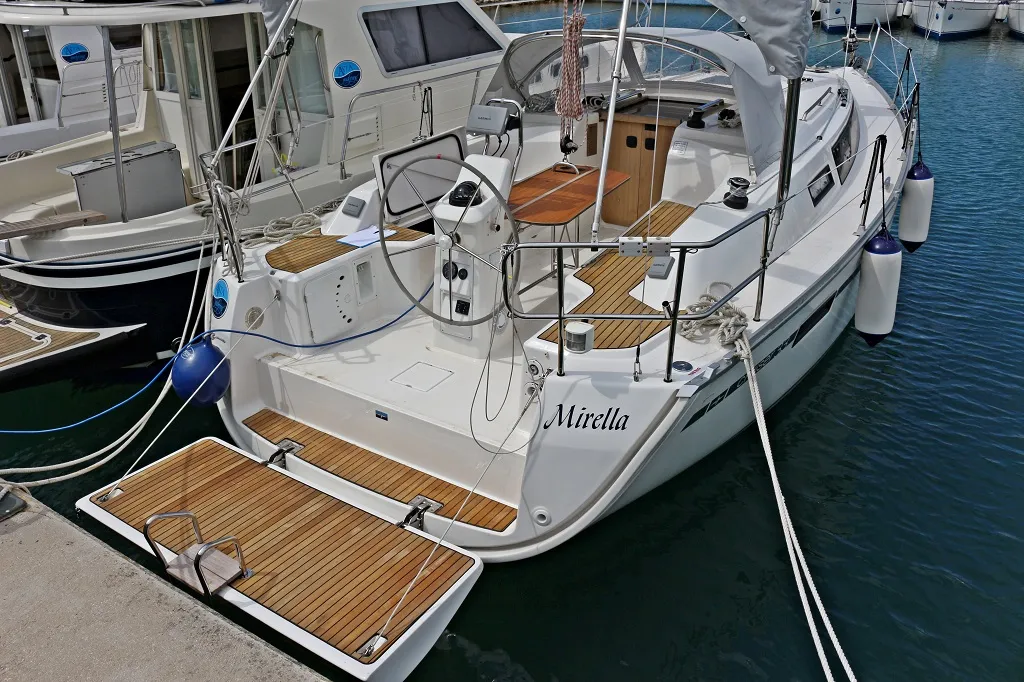 Deck of Mirella, a Bavaria Cruiser 33 sailboat at Sukošan, Croatia