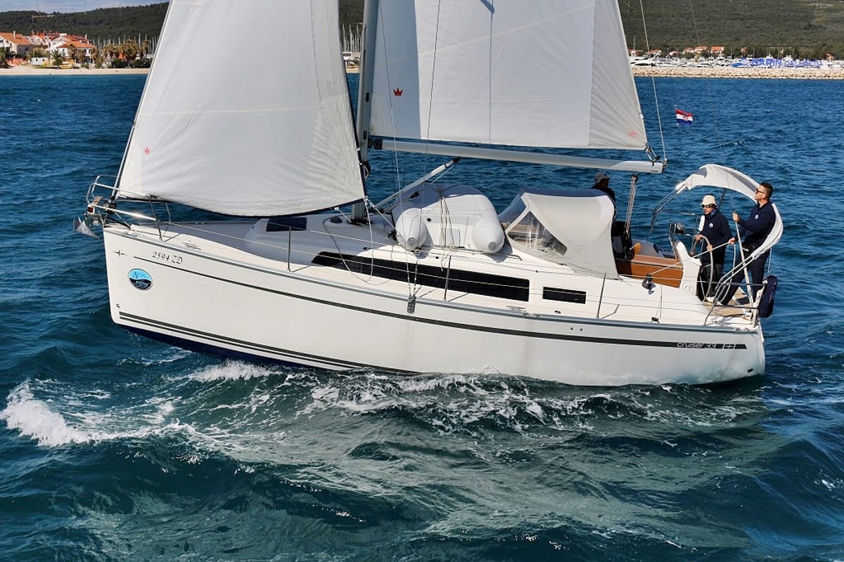 Exterior view of Mirella, a Bavaria Cruiser 33 sailboat at Sukošan, Croatia