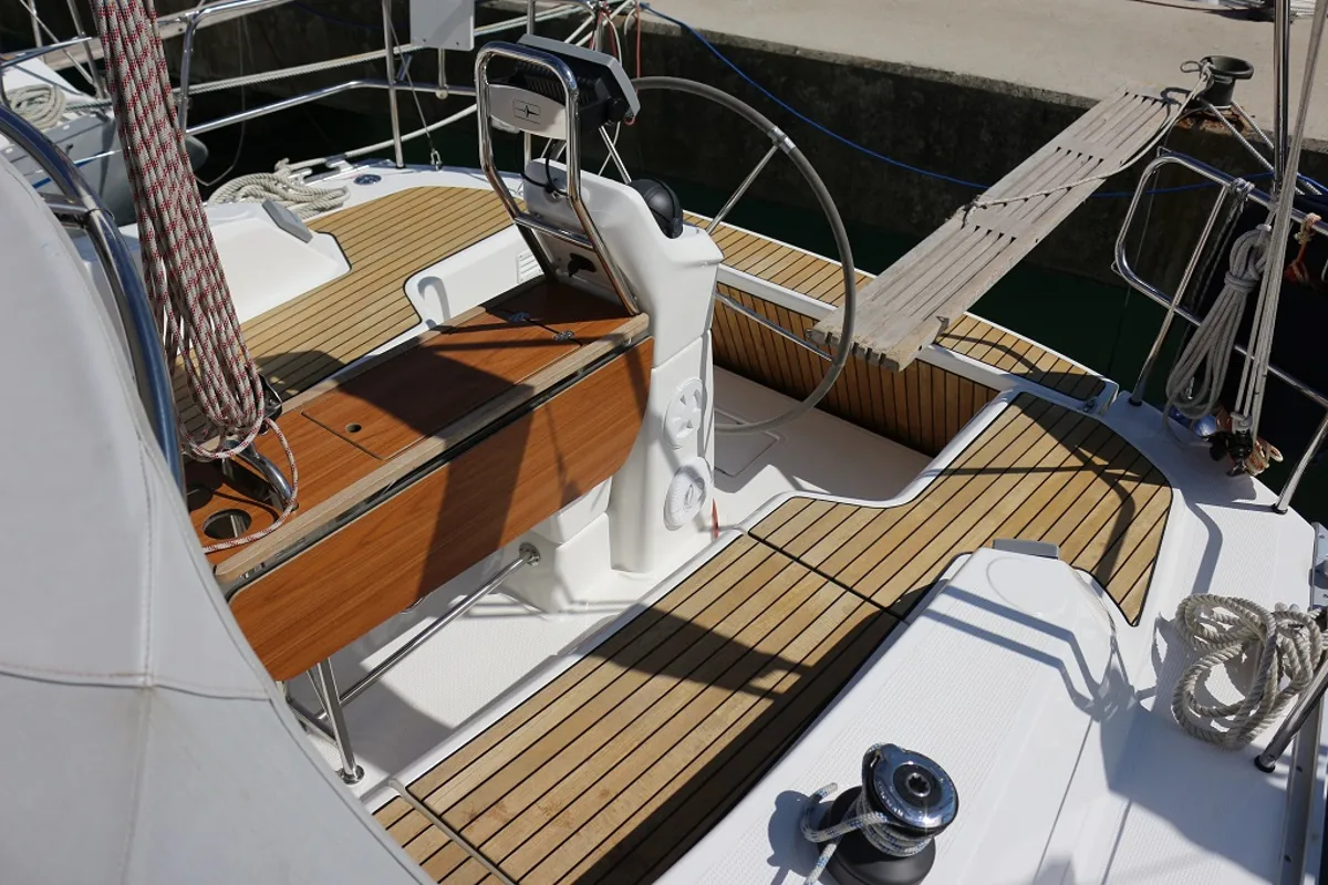 Cockpit of Mirella, a Bavaria Cruiser 33 sailboat at Sukošan, Croatia