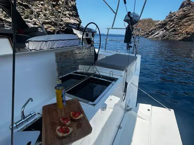 Deck of Teti, a Dufour 470 sailboat at Tonnarella, Italy