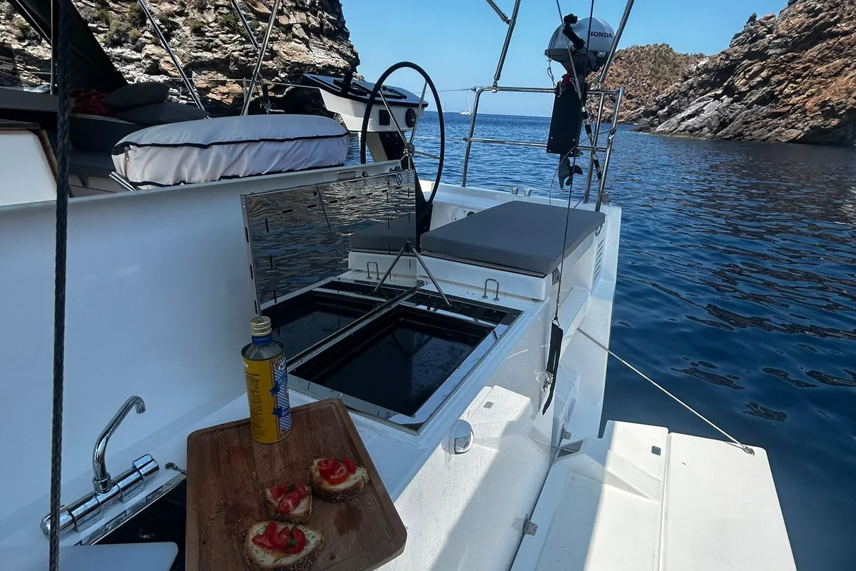 Deck of Teti, a Dufour 470 sailboat at Tonnarella, Italy