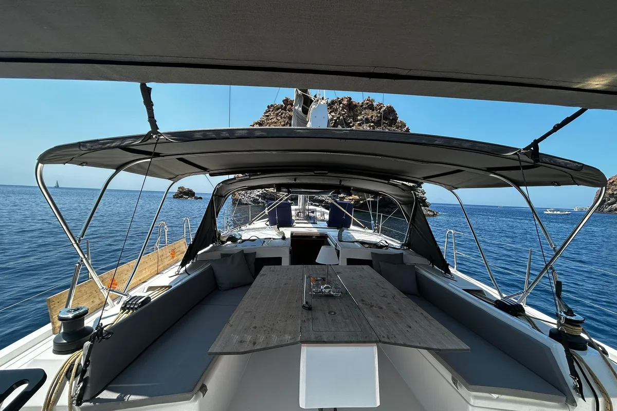 Cockpit of Teti, a Dufour 470 sailboat at Tonnarella, Italy