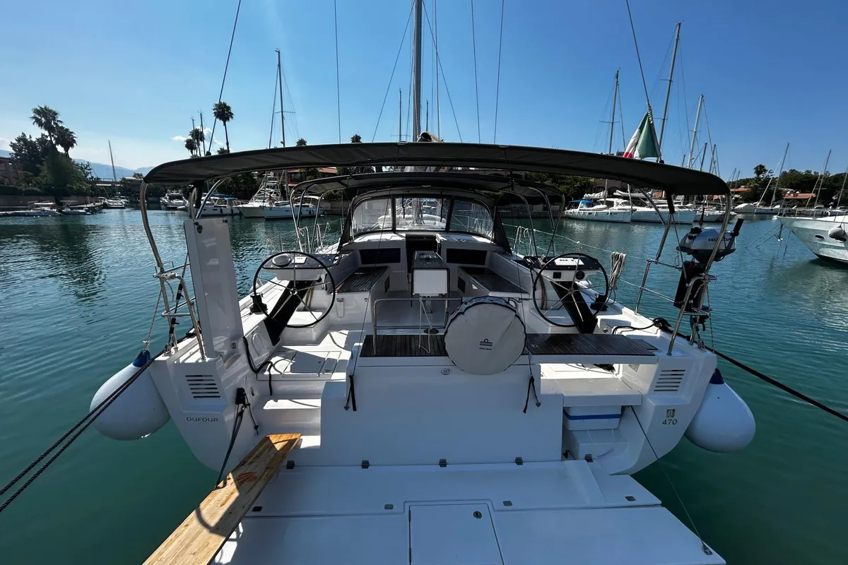 Cockpit of Teti, a Dufour 470 sailboat at Tonnarella, Italy