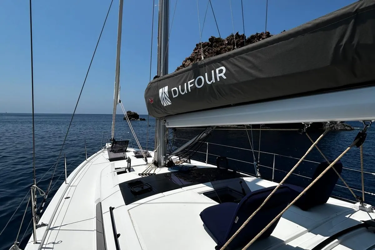 Exterior view of Teti, a Dufour 470 sailboat at Tonnarella, Italy