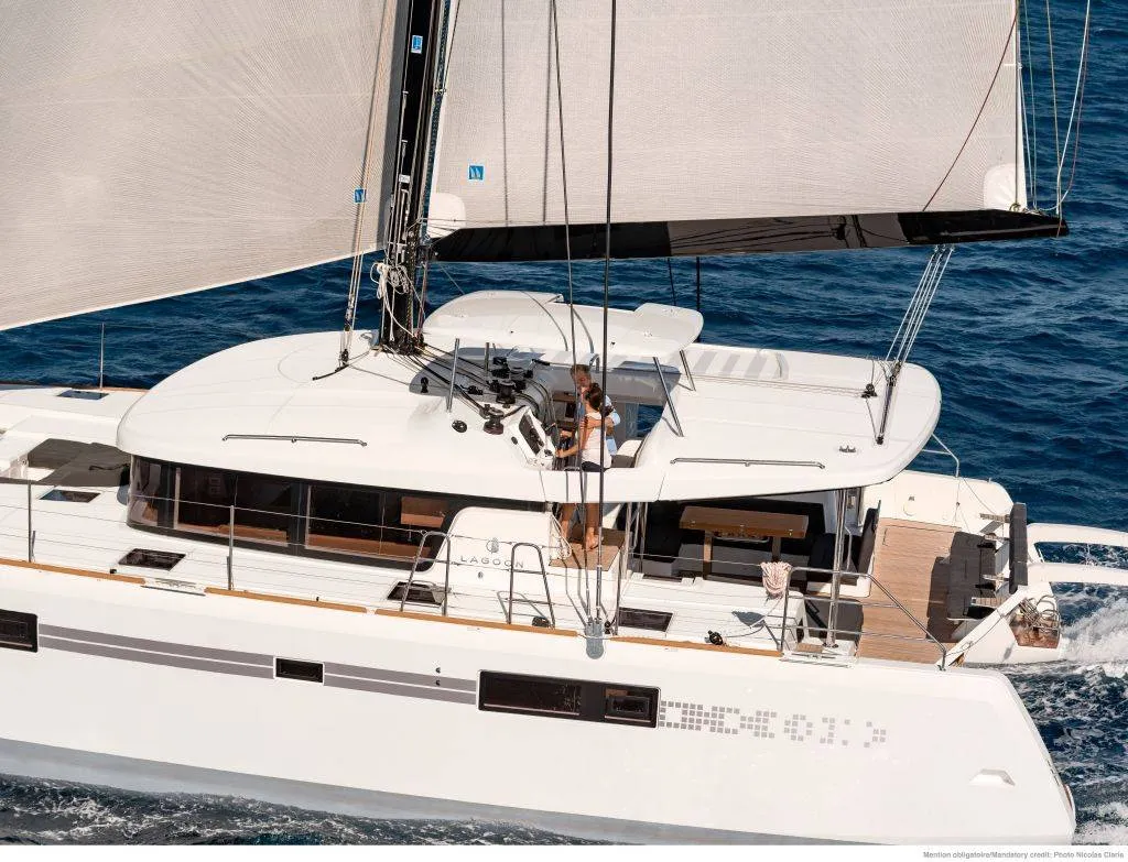 Deck of Takamaka, a Lagoon 52 catamaran at Bonifacio / Bunifaziu, France