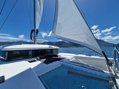 Deck of Takamaka, a Lagoon 52 catamaran at Bonifacio / Bunifaziu, France