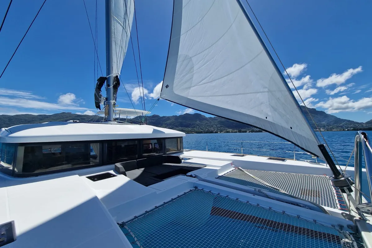 Deck of Takamaka, a Lagoon 52 catamaran at Bonifacio / Bunifaziu, France