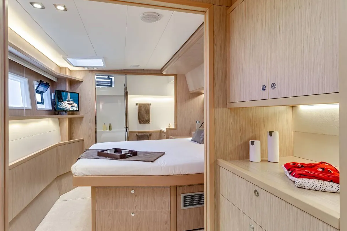Cabin on Takamaka, a Lagoon 52 catamaran at Bonifacio / Bunifaziu, France