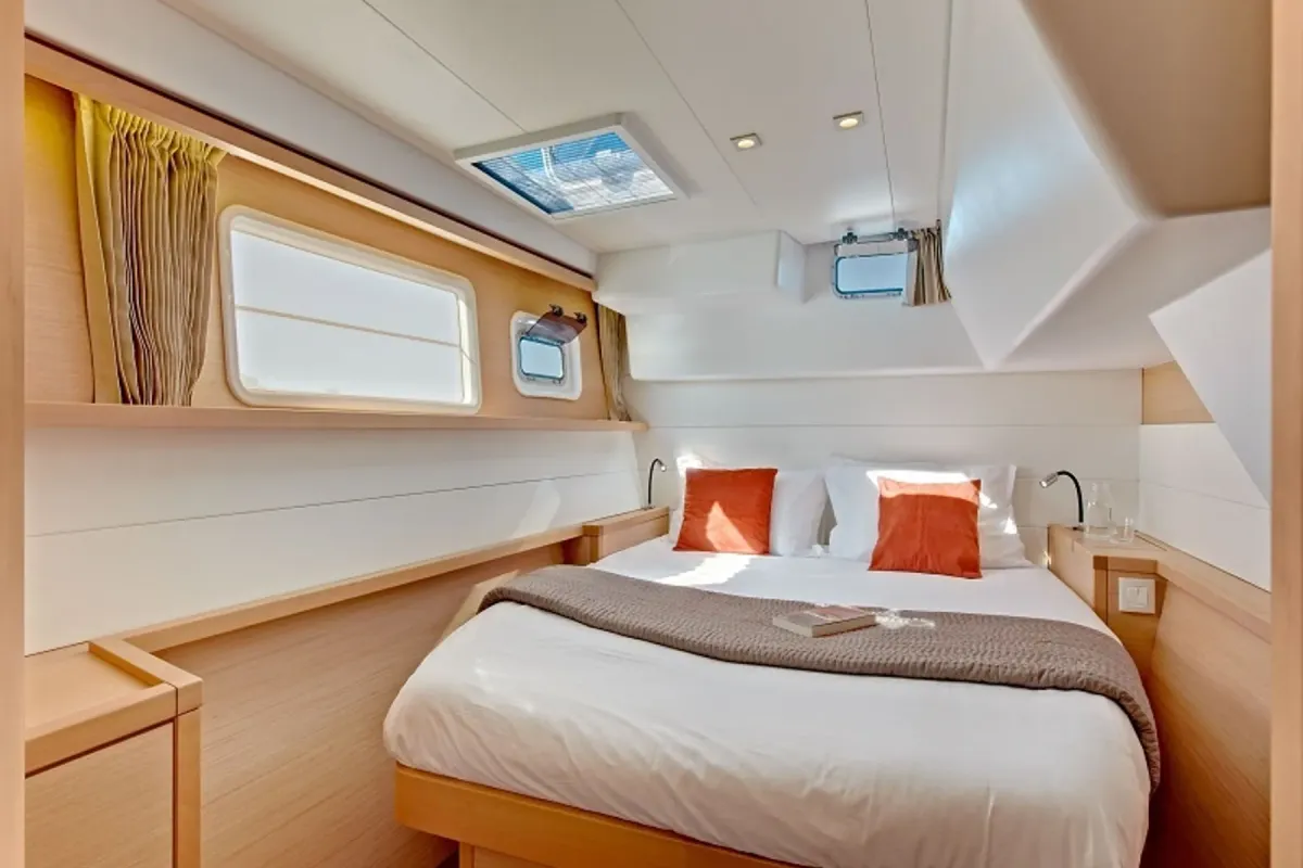 Cabin on Maja, a Lagoon 450 Fly catamaran at Grimaud, France