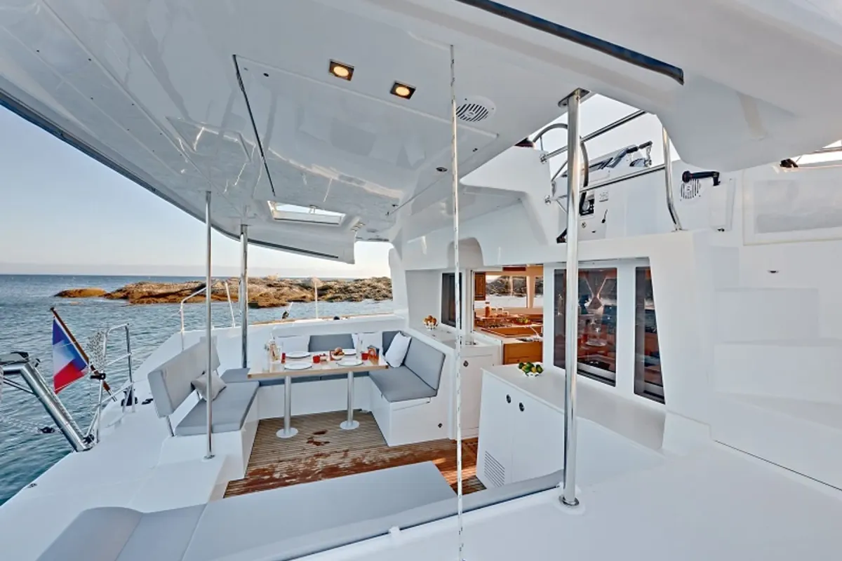 Deck of Maja, a Lagoon 450 Fly catamaran at Grimaud, France