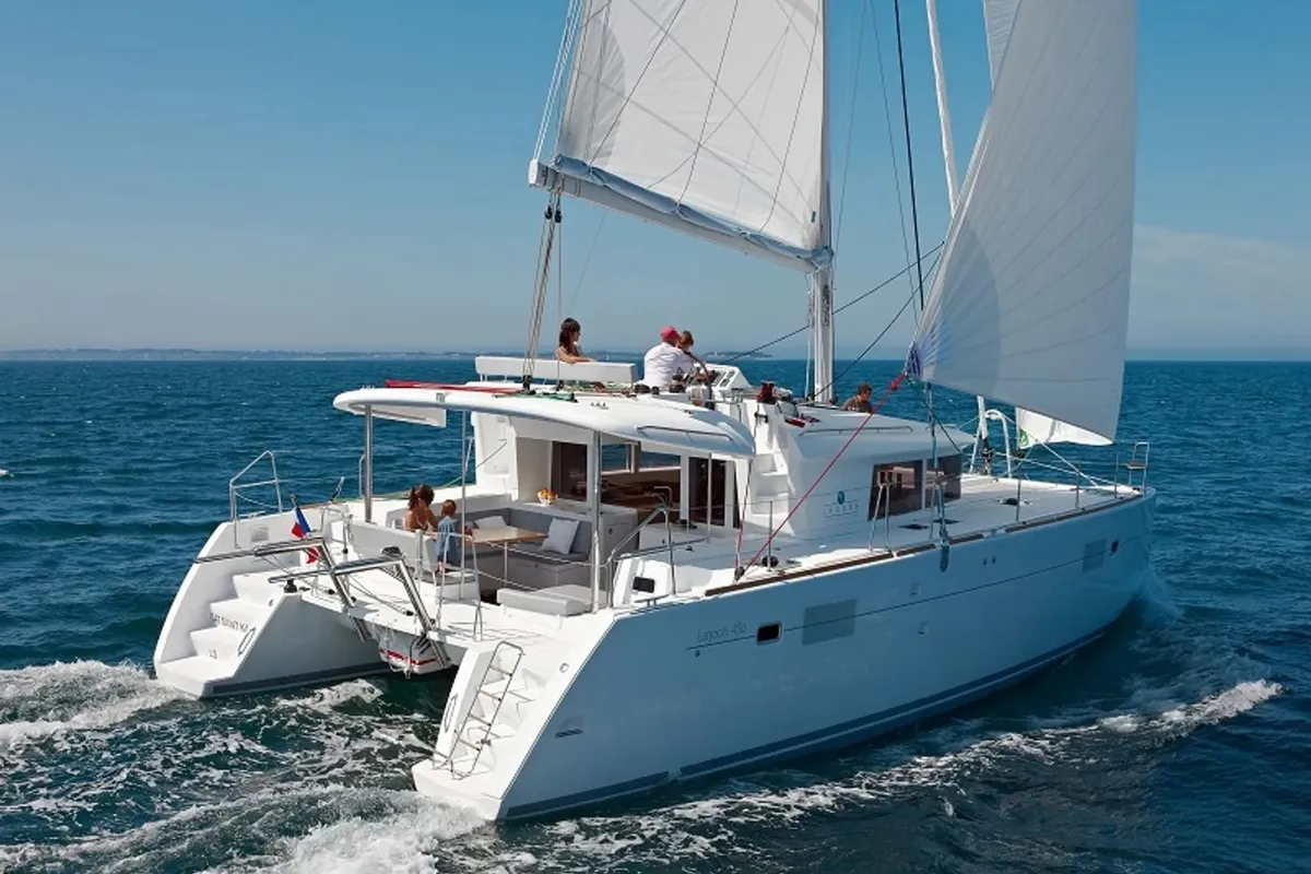 Exterior view of Maja, a Lagoon 450 Fly catamaran at Grimaud, France