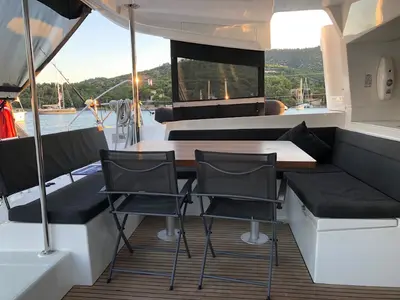 Deck of Oceana, a Lagoon 450 Fly catamaran at Athens, Greece