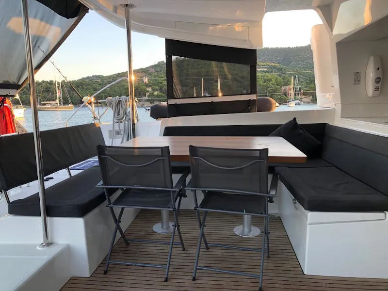 Deck of Oceana, a Lagoon 450 Fly catamaran at Athens, Greece