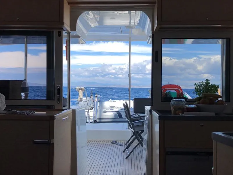 Salon of Oceana, a Lagoon 450 Fly catamaran at Athens, Greece