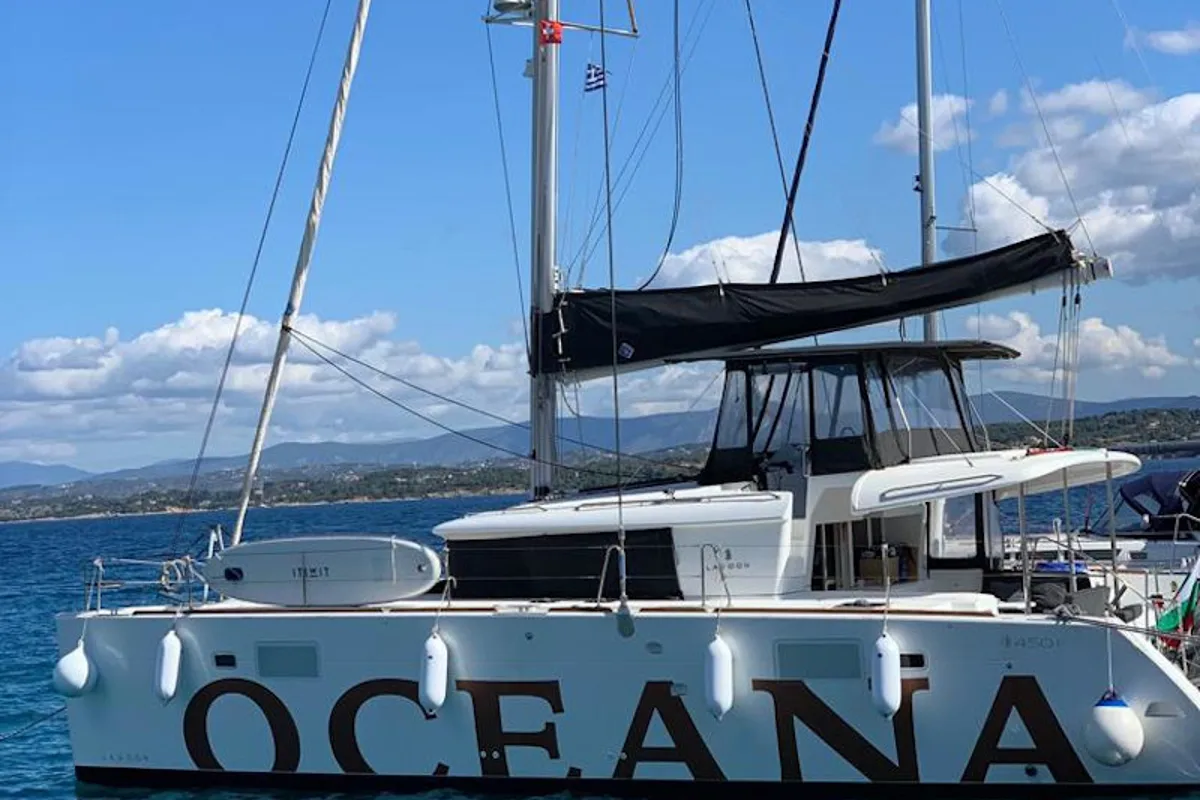 Exterior view of Oceana, a Lagoon 450 Fly catamaran at Athens, Greece