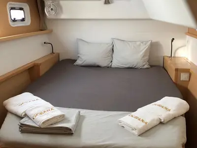 Cabin on Oceana, a Lagoon 450 Fly catamaran at Athens, Greece