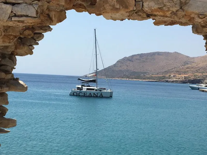 Exterior view of Oceana, a Lagoon 450 Fly catamaran at Athens, Greece