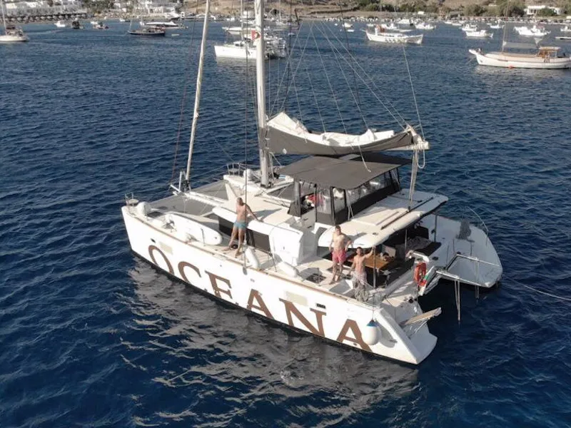 Exterior view of Oceana, a Lagoon 450 Fly catamaran at Athens, Greece