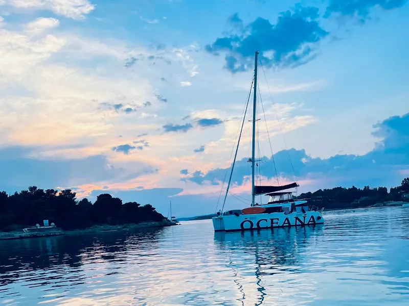 Exterior view of Oceana, a Lagoon 450 Fly catamaran at Athens, Greece