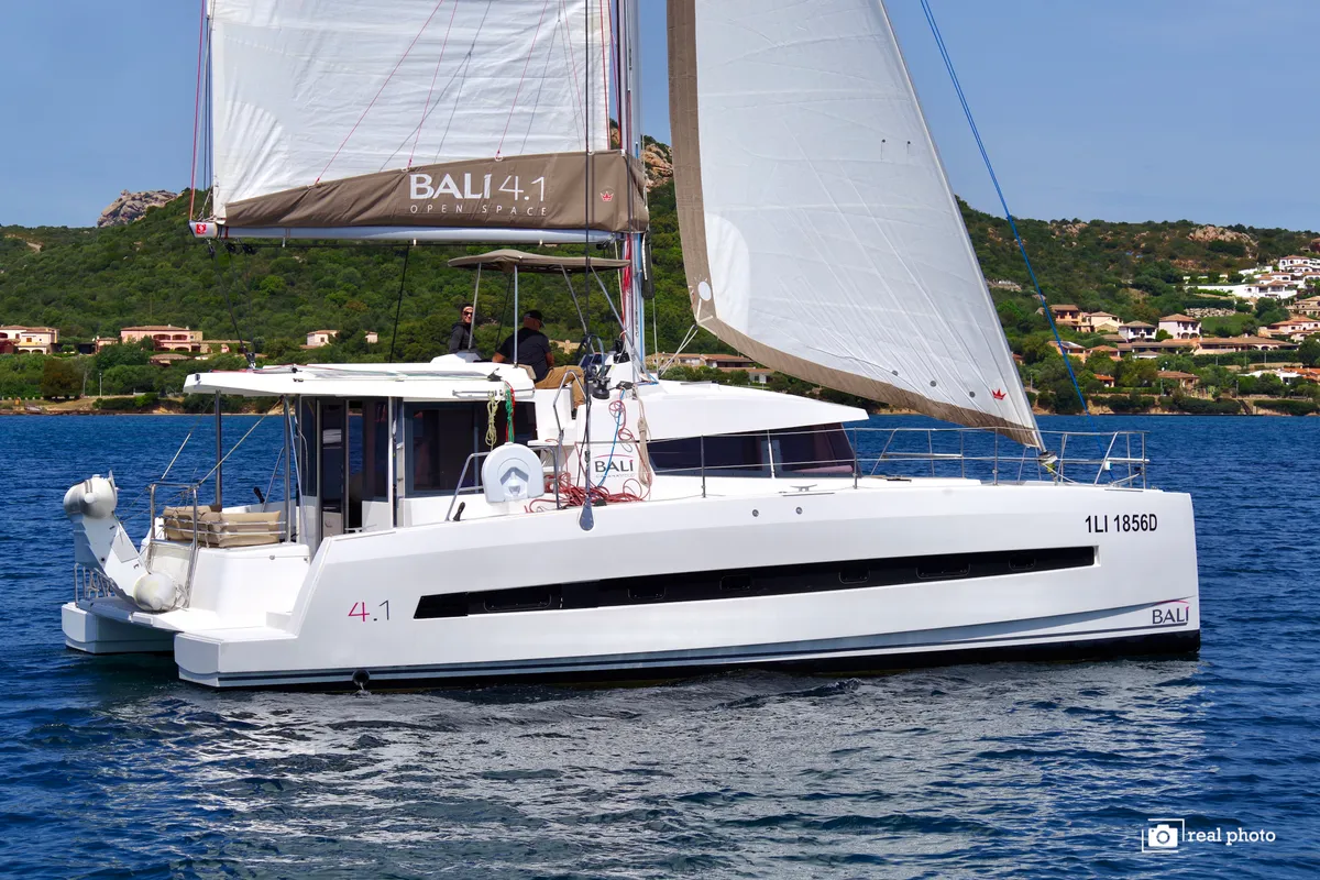 Exterior view of Alba, a Bali 4.1 catamaran at Olbia, Italy