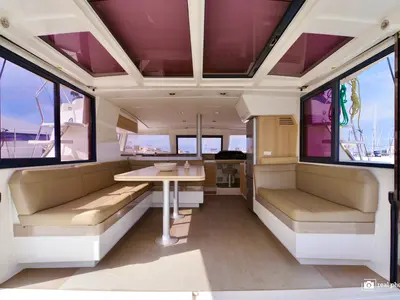 Salon of Alba, a Bali 4.1 catamaran at Olbia, Italy