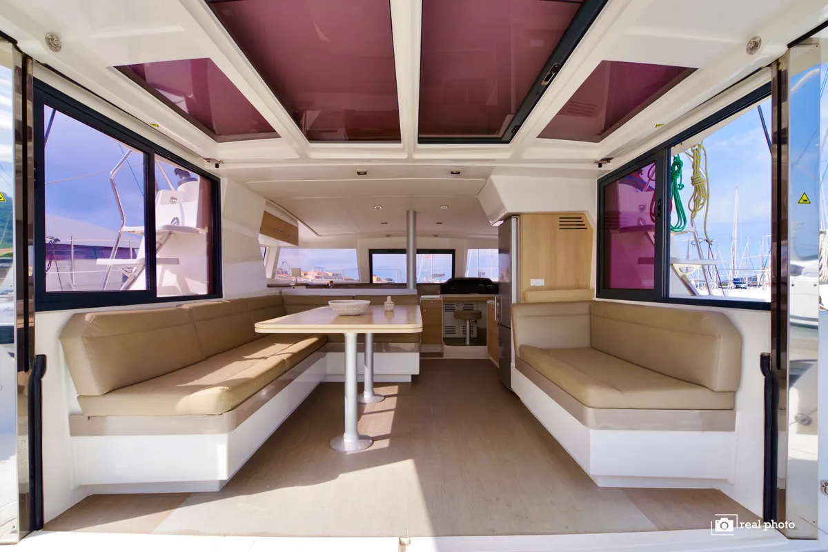 Salon of Alba, a Bali 4.1 catamaran at Olbia, Italy
