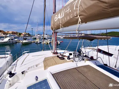 Deck of Alba, a Bali 4.1 catamaran at Olbia, Italy