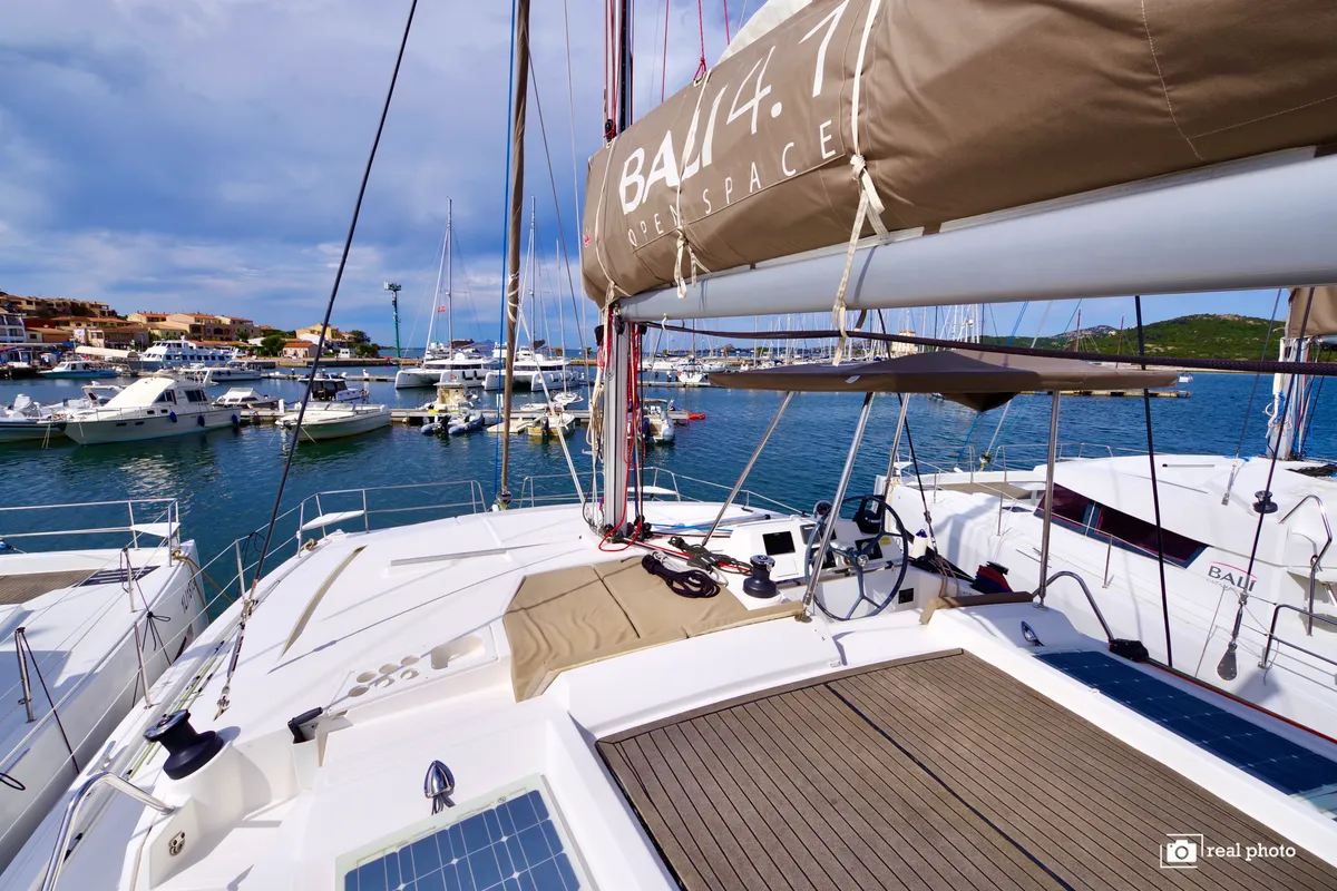 Deck of Alba, a Bali 4.1 catamaran at Olbia, Italy