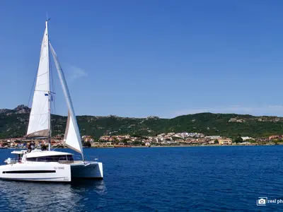 Exterior view of Alba, a Bali 4.1 catamaran at Olbia, Italy